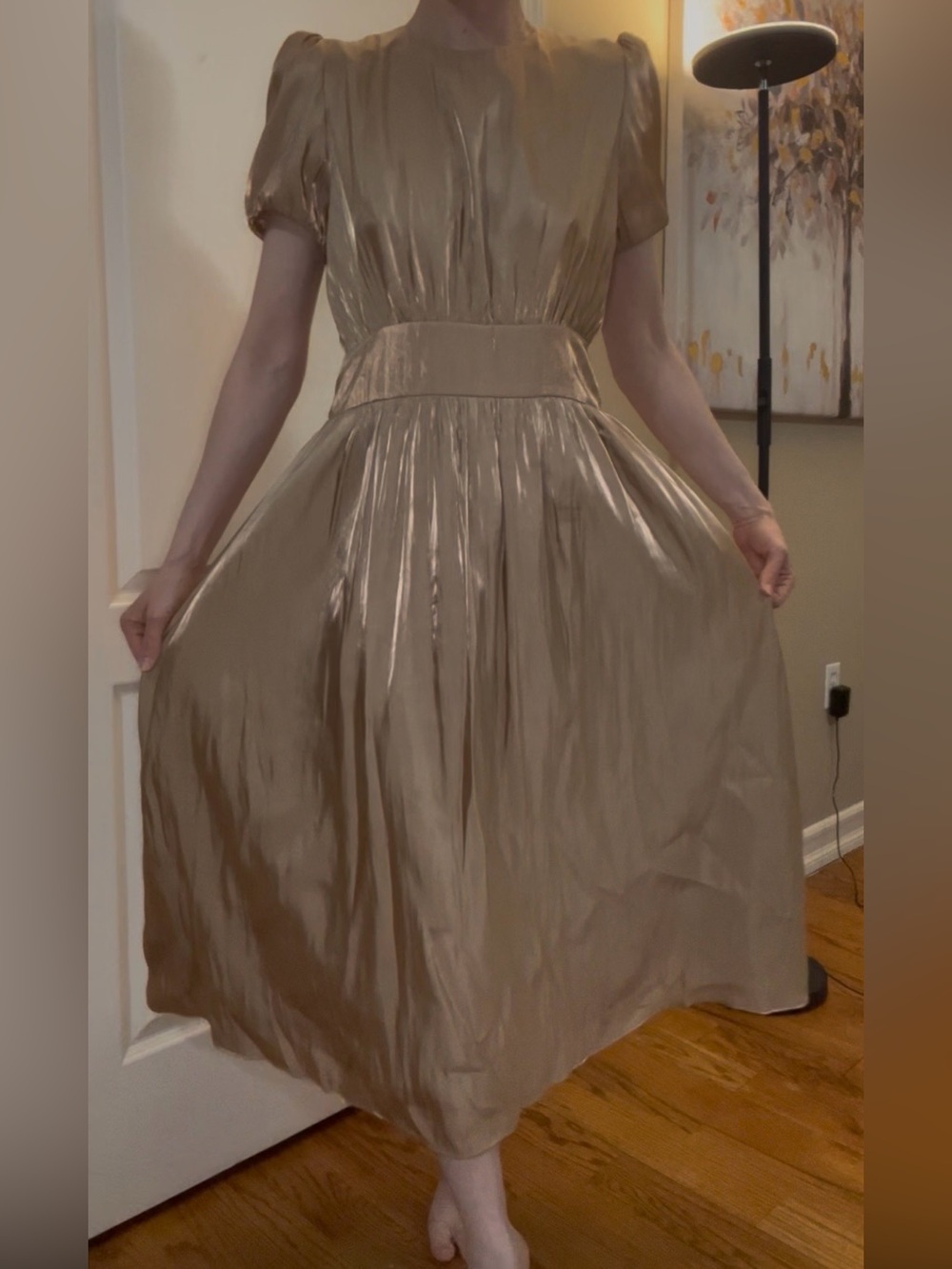ZARA Metalic Champagne Maxi Dress Puff Sleeve Glam Dress Size S